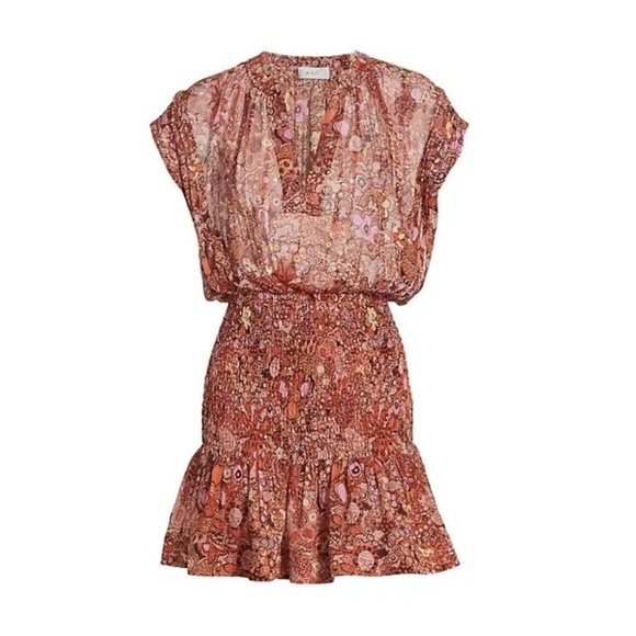 NWT A.L.C. Carly Smocked Print Silk Mini Dress in Sorbet Multi Sz. 10 - Picture 13 of 15